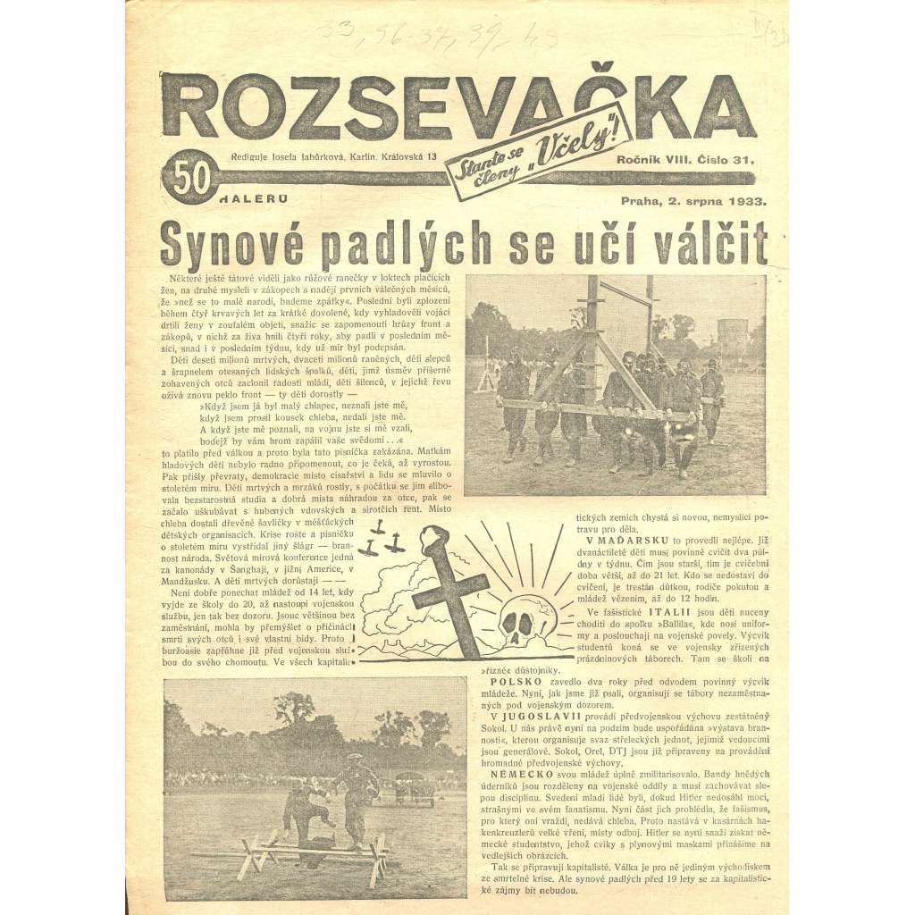 Rozsevačka, ročník VIII., číslo 31/1933 (časopis, 1. republika, noviny)