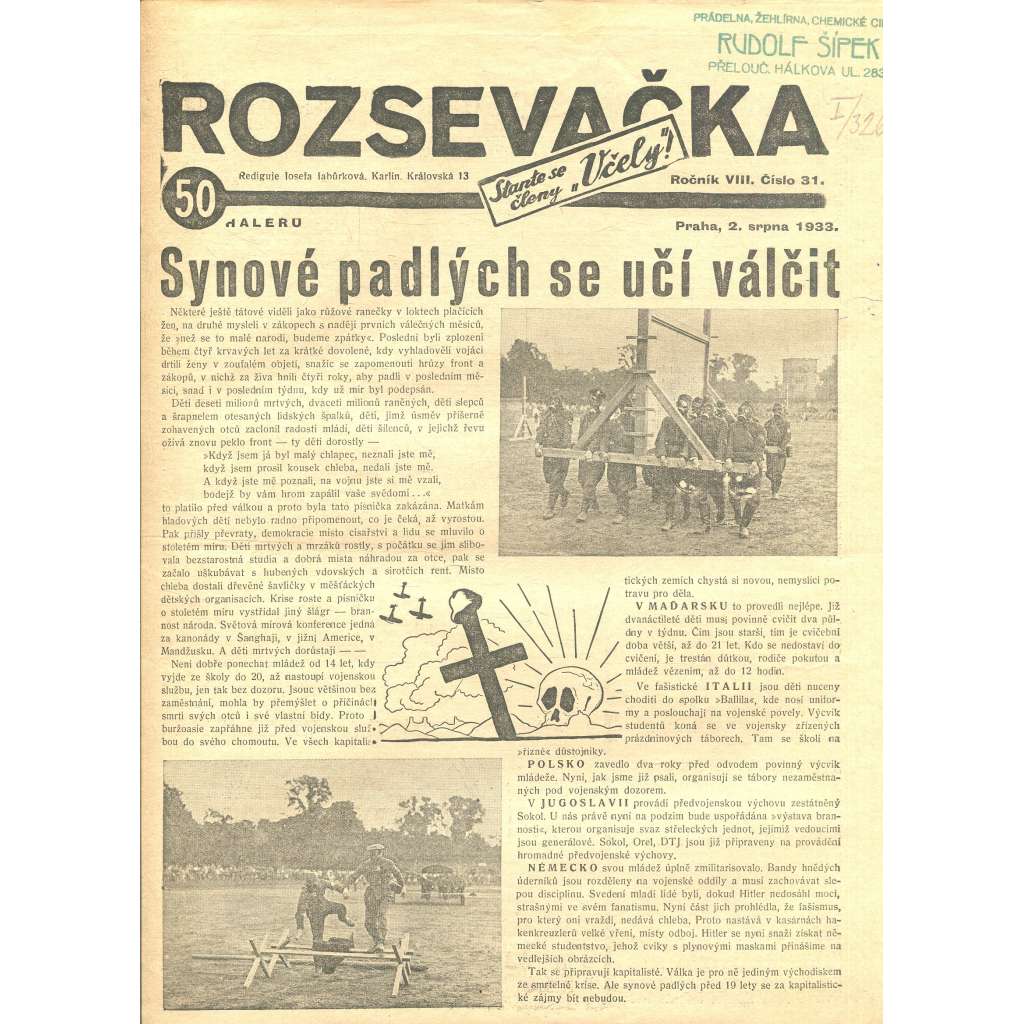 Rozsevačka, ročník VIII., číslo 31/1933 (časopis, 1. republika, noviny)