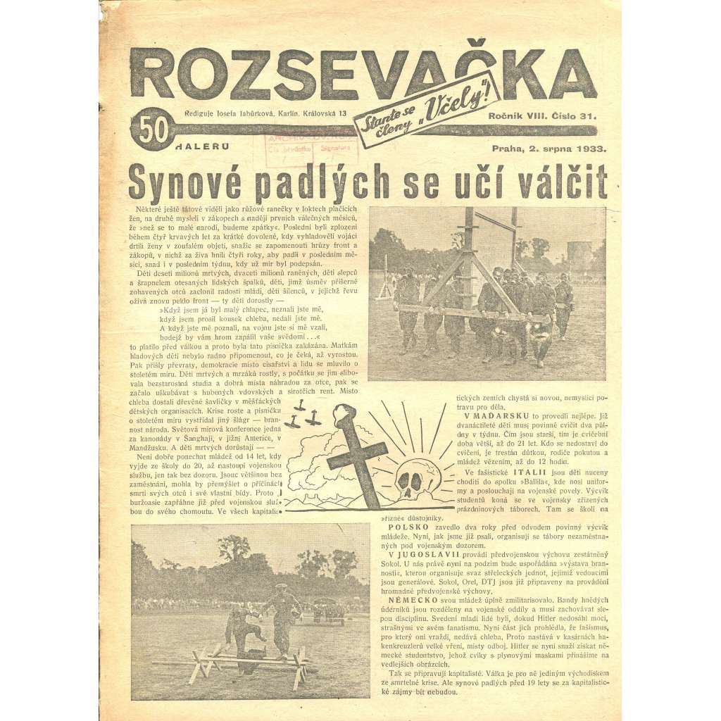 Rozsevačka, ročník VIII., číslo 31/1933 (časopis, 1. republika, noviny)