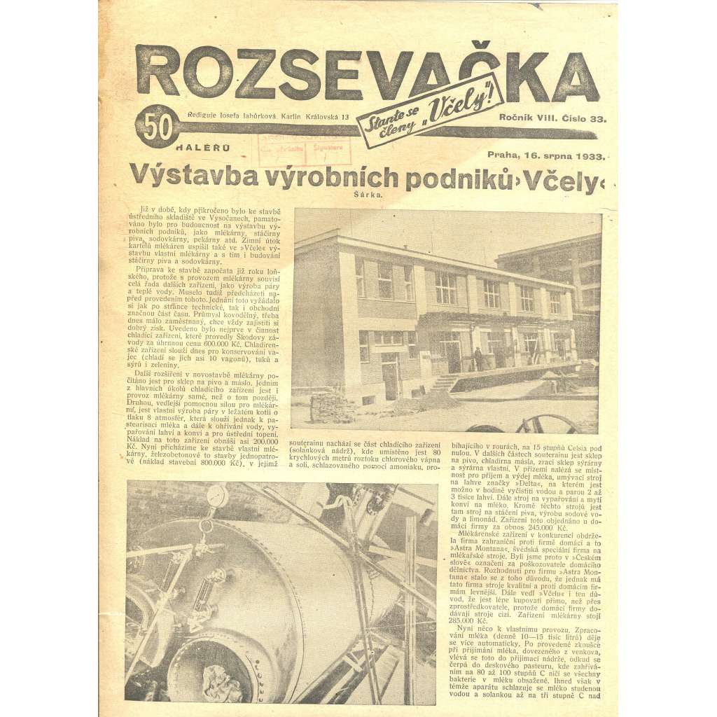 Rozsevačka, ročník VIII., číslo 33/1933 (časopis, 1. republika, noviny)