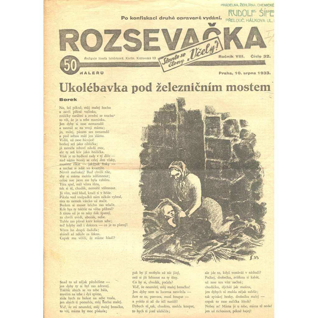 Rozsevačka, ročník VIII., číslo 32/1933 (časopis, 1. republika, noviny)