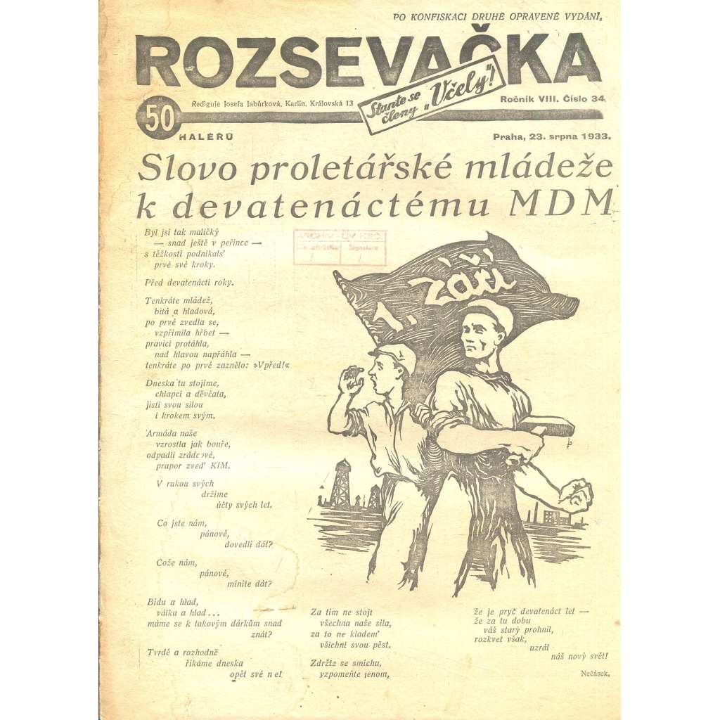 Rozsevačka, ročník VIII., číslo 34/1933 (časopis, 1. republika, noviny)