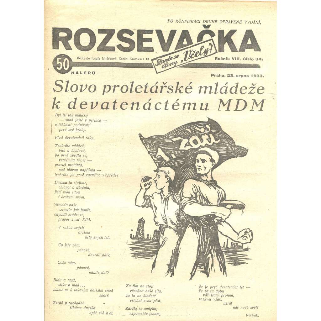 Rozsevačka, ročník VIII., číslo 34/1933 (časopis, 1. republika, noviny)