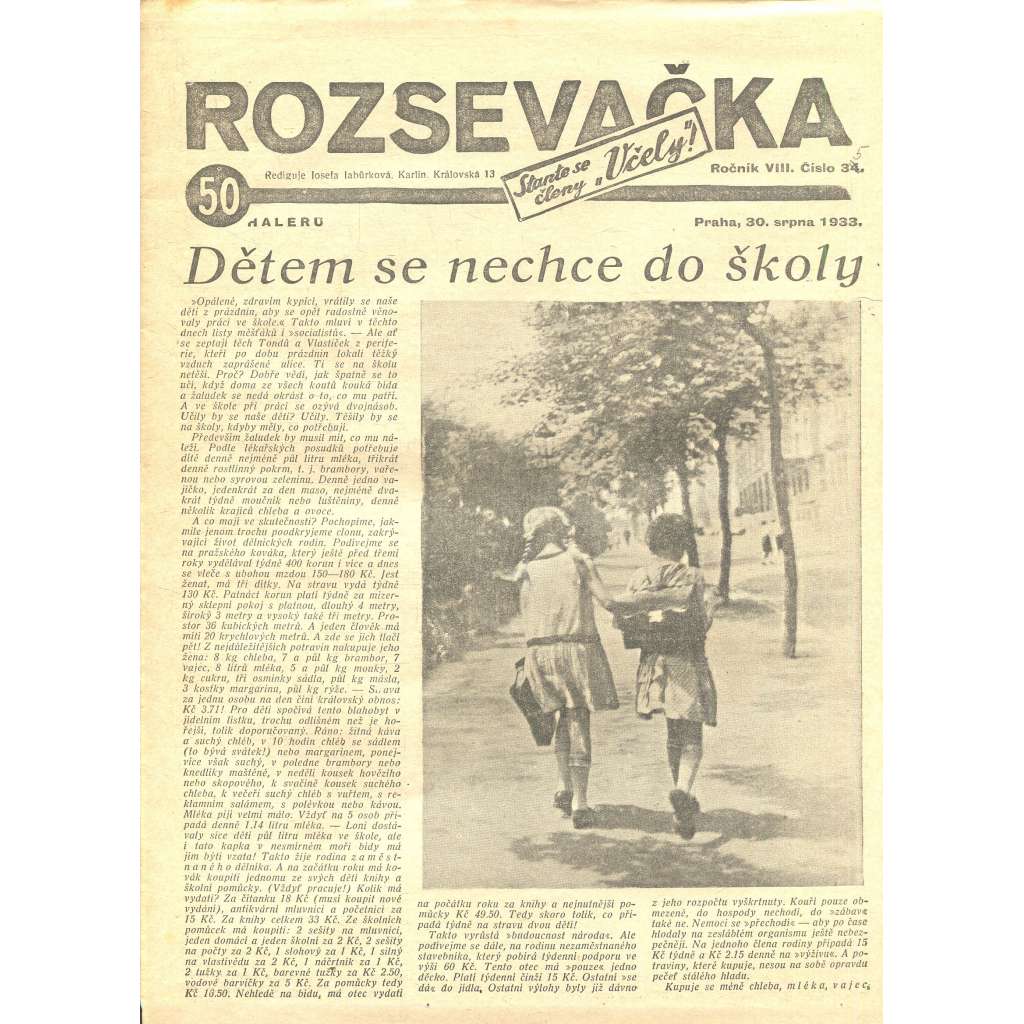 Rozsevačka, ročník VIII., číslo 35/1933 (časopis, 1. republika, noviny)
