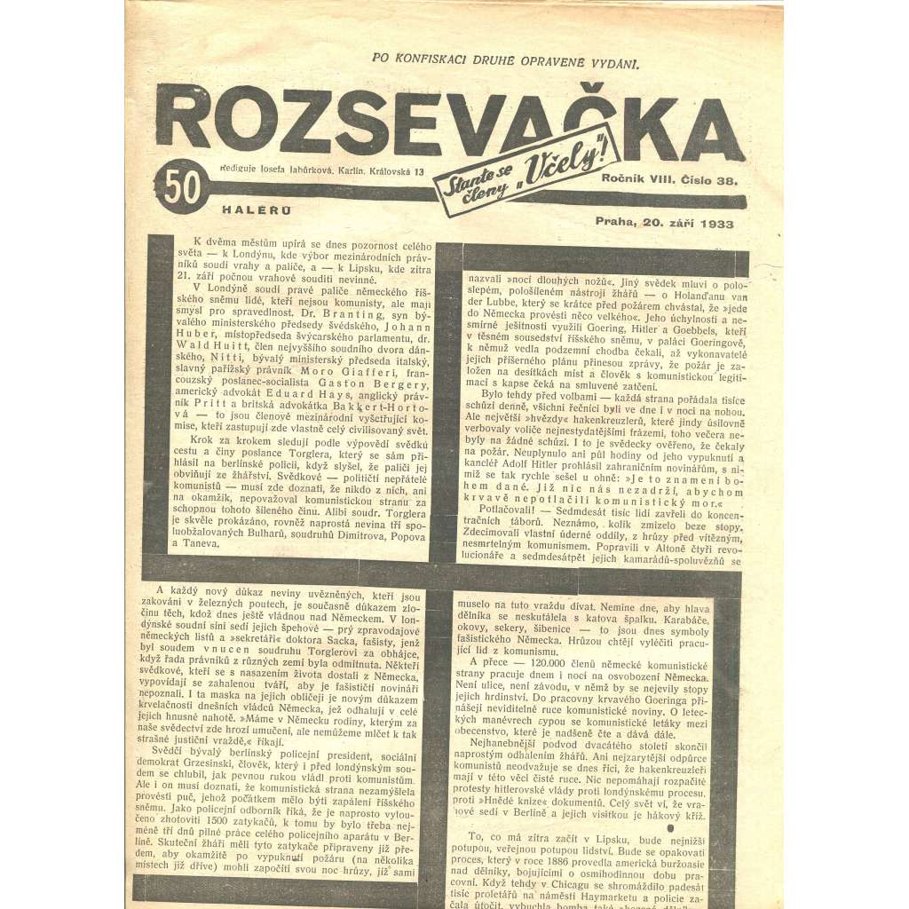 Rozsevačka, ročník VIII., číslo 38/1933 (časopis, 1. republika, noviny)