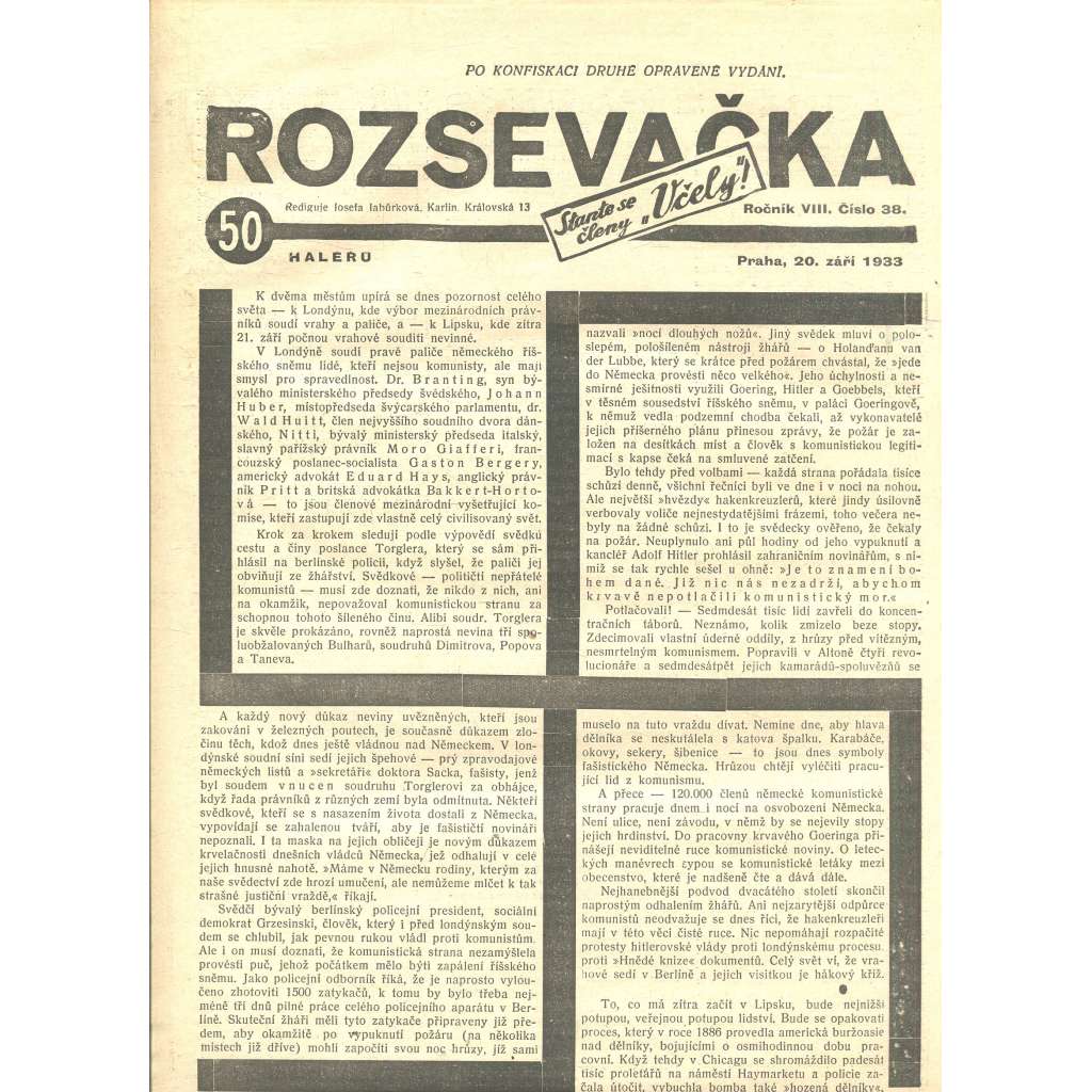 Rozsevačka, ročník VIII., číslo 38/1933 (časopis, 1. republika, noviny)