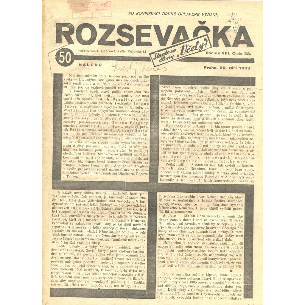 Rozsevačka, ročník VIII., číslo 38/1933 (časopis, 1. republika, noviny)