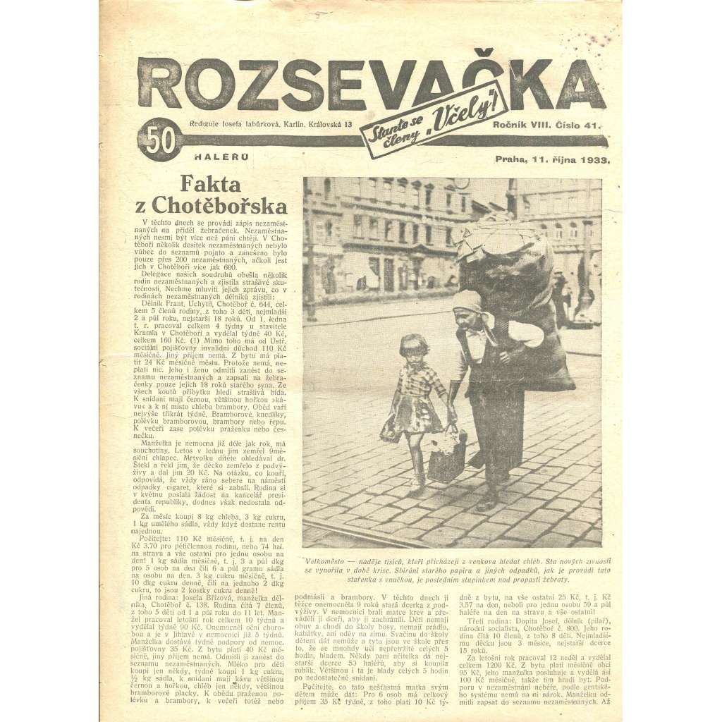 Rozsevačka, ročník VIII., číslo 41/1933 (časopis, 1. republika, noviny)