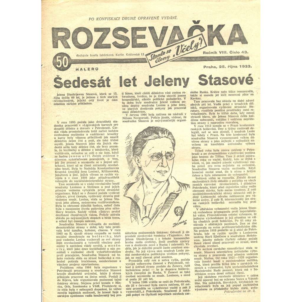 Rozsevačka, ročník VIII., číslo 43/1933 (časopis, 1. republika, noviny)