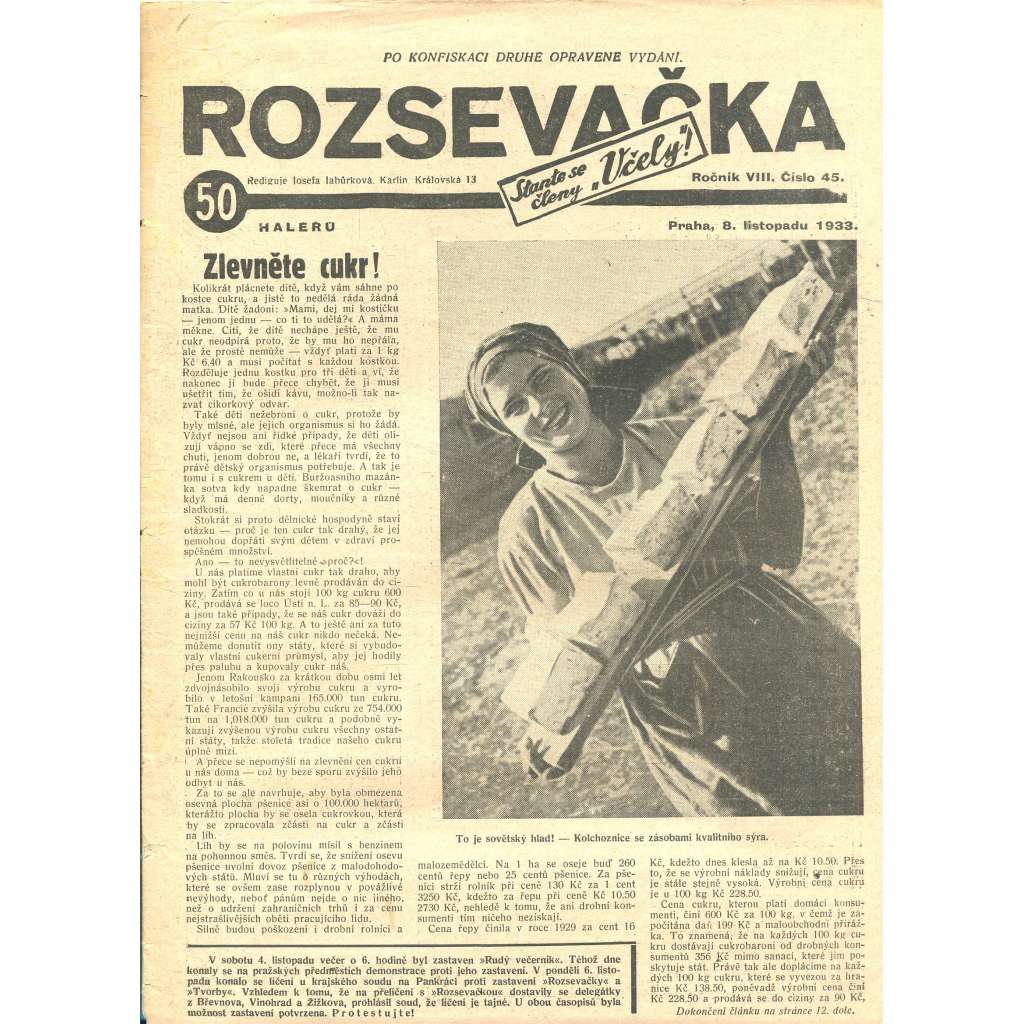 Rozsevačka, ročník VIII., číslo 45/1933 (časopis, 1. republika, noviny)