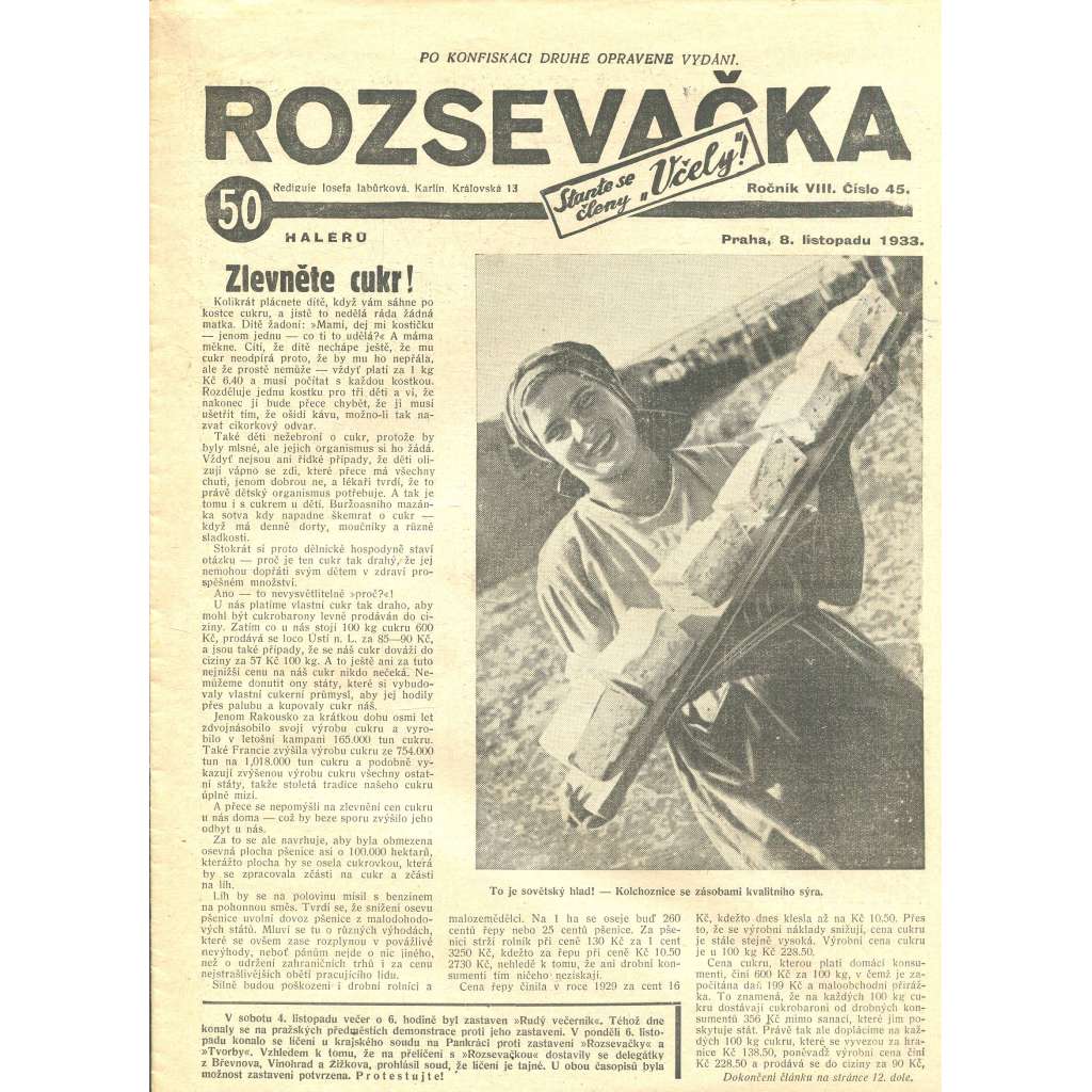 Rozsevačka, ročník VIII., číslo 45/1933 (časopis, 1. republika, noviny)