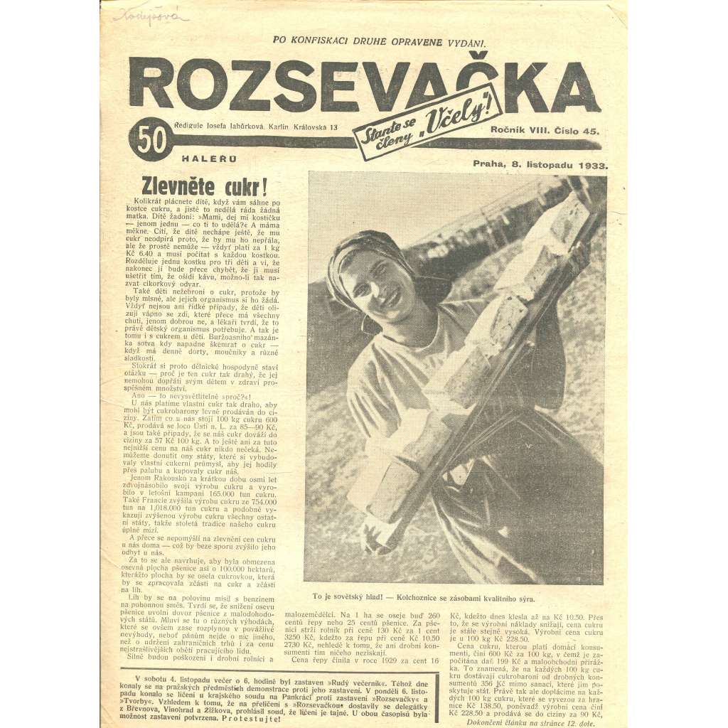Rozsevačka, ročník VIII., číslo 45/1933 (časopis, 1. republika, noviny)
