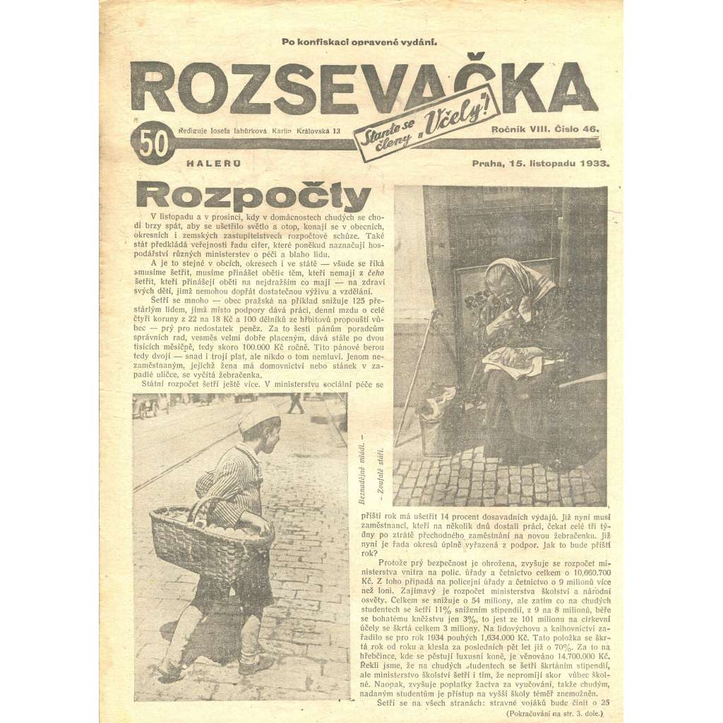 Rozsevačka, ročník VIII., číslo 46/1933 (časopis, 1. republika, noviny)