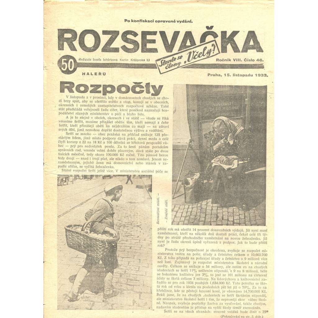 Rozsevačka, ročník VIII., číslo 46/1933 (časopis, 1. republika, noviny)