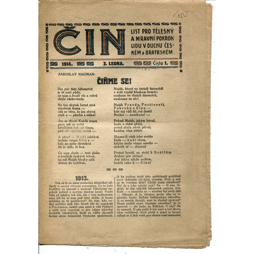Čin, číslo 1/1914. List pro tělesný a mravní pokrok lidu v duchu českém a bratrském (časopis, noviny)