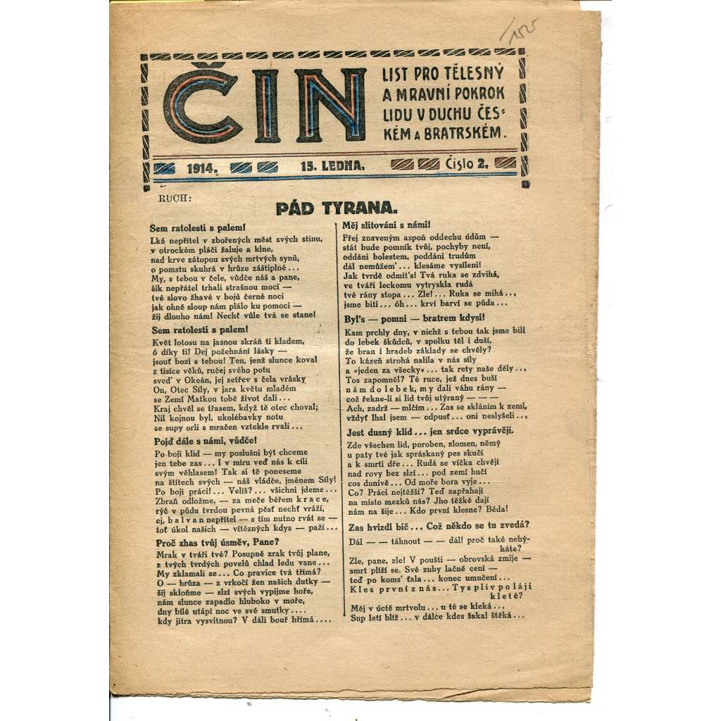 Čin, číslo 1/1914. List pro tělesný a mravní pokrok lidu v duchu českém a bratrském (časopis, noviny)