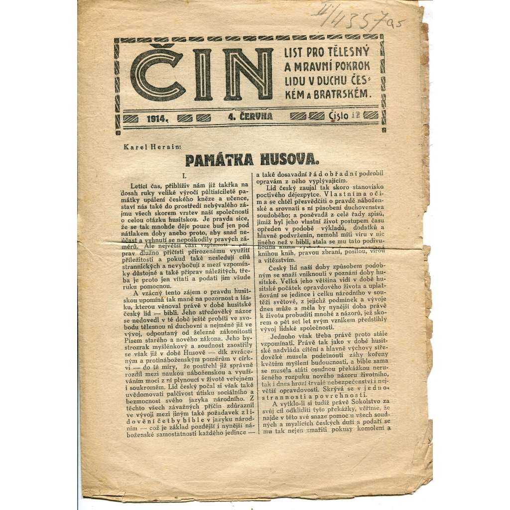 Čin, číslo 12/1914. List pro tělesný a mravní pokrok lidu v duchu českém a bratrském (časopis, noviny)