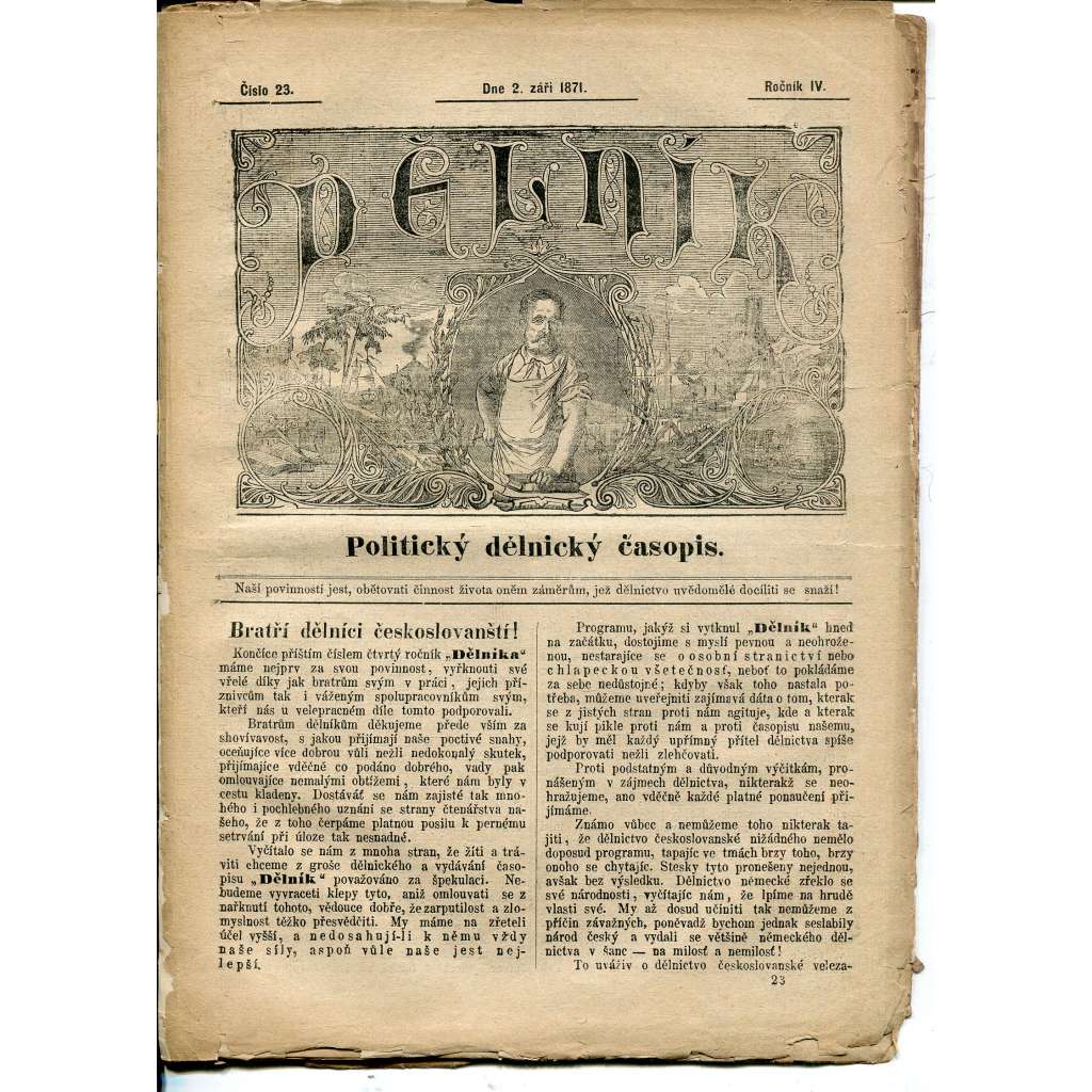 Dělník, ročník IV., číslo 23/1871. Politický dělnický časopis