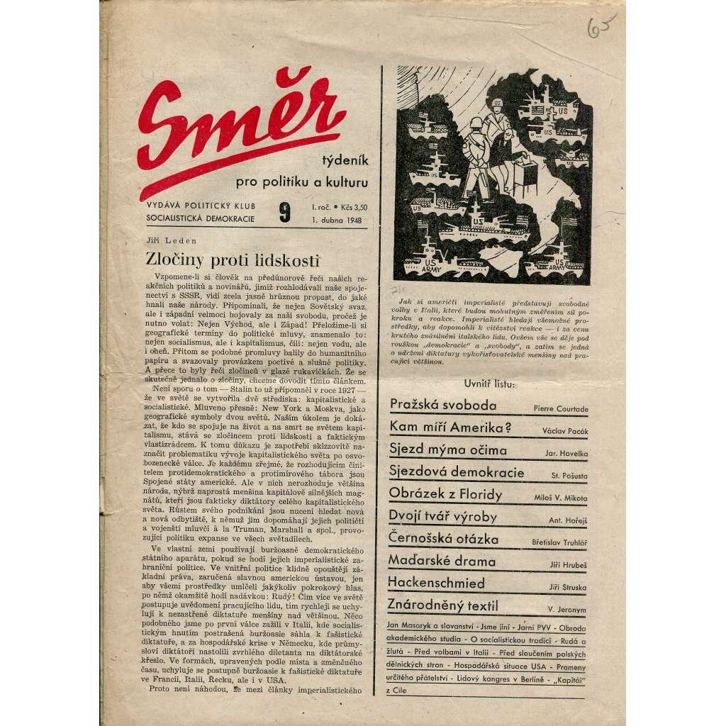 Směr, ročník I., číslo 9/1948. Týdeník pro politiku a kulturu (časopis, noviny)