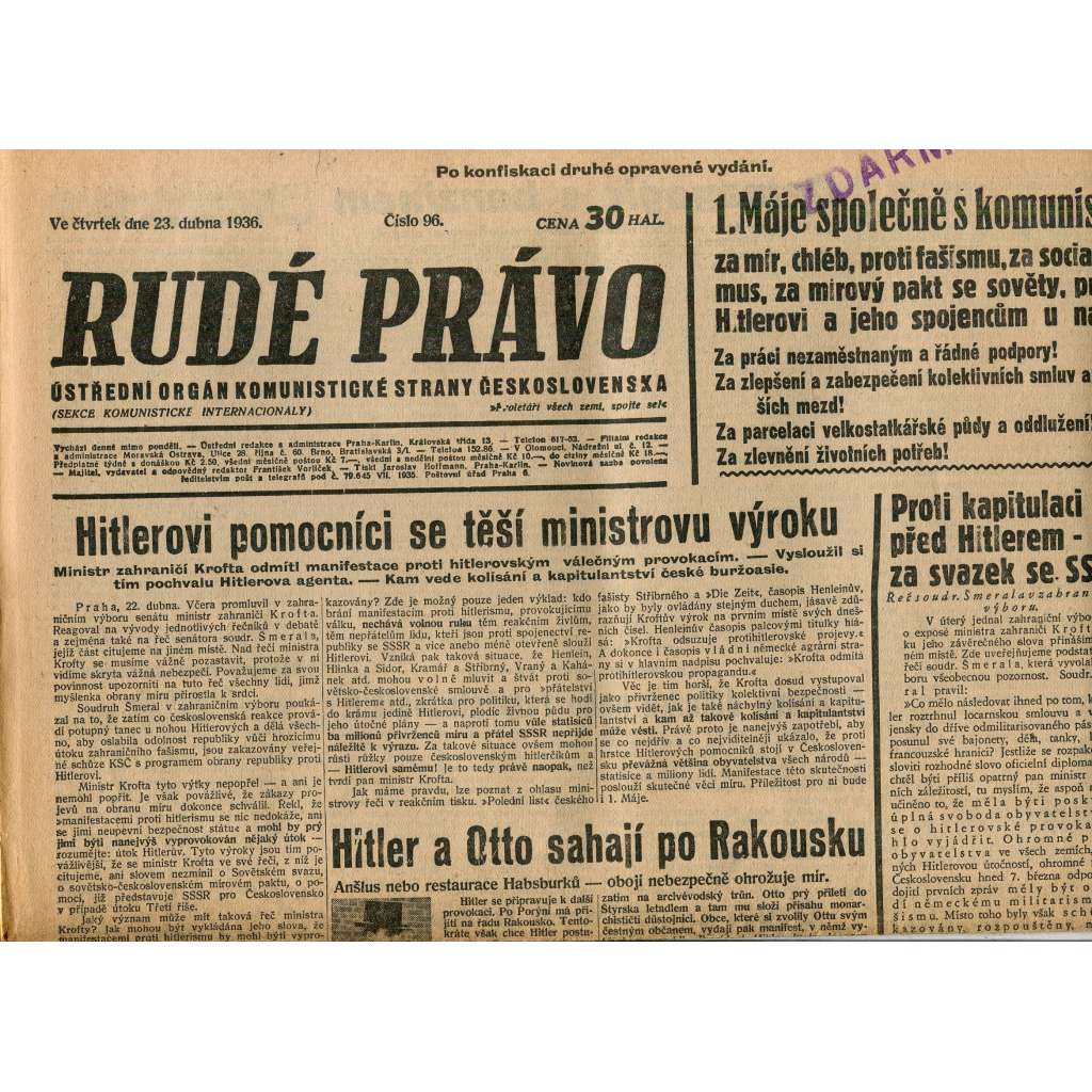Rudé právo, číslo 96. Ústřední orgán Komunistické strany Československa (23.4.1936) - staré noviny, 1. republika