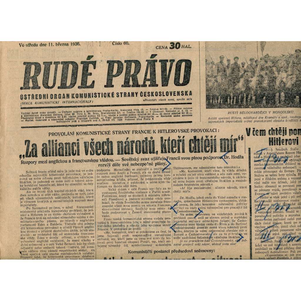 Rudé právo, číslo 60. Ústřední orgán Komunistické strany Československa (11.3.1936) - staré noviny, 1. republika