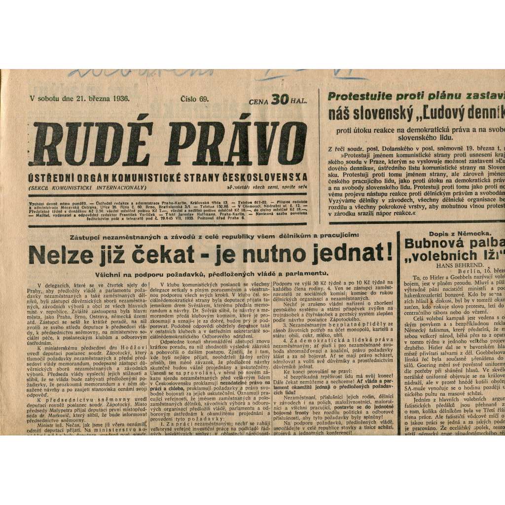 Rudé právo, číslo 69. Ústřední orgán Komunistické strany Československa (21.3.1936) - staré noviny, 1. republika