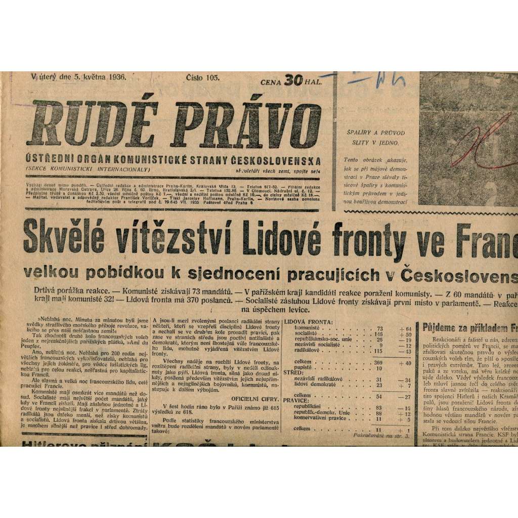 Rudé právo, číslo 105. Ústřední orgán Komunistické strany Československa (5.5.1936) - staré noviny, 1. republika