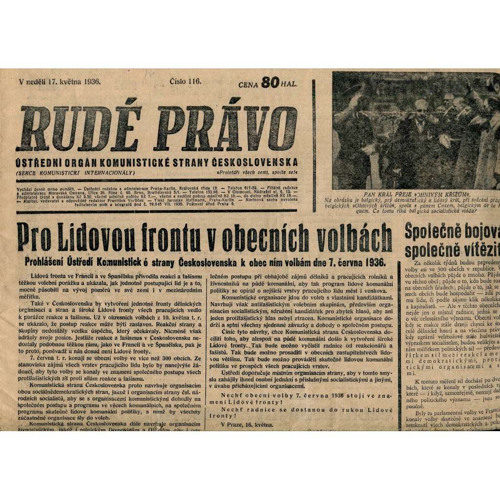 Rudé právo, číslo 116. Ústřední orgán Komunistické strany Československa (17.5.1936) - staré noviny, 1. republika