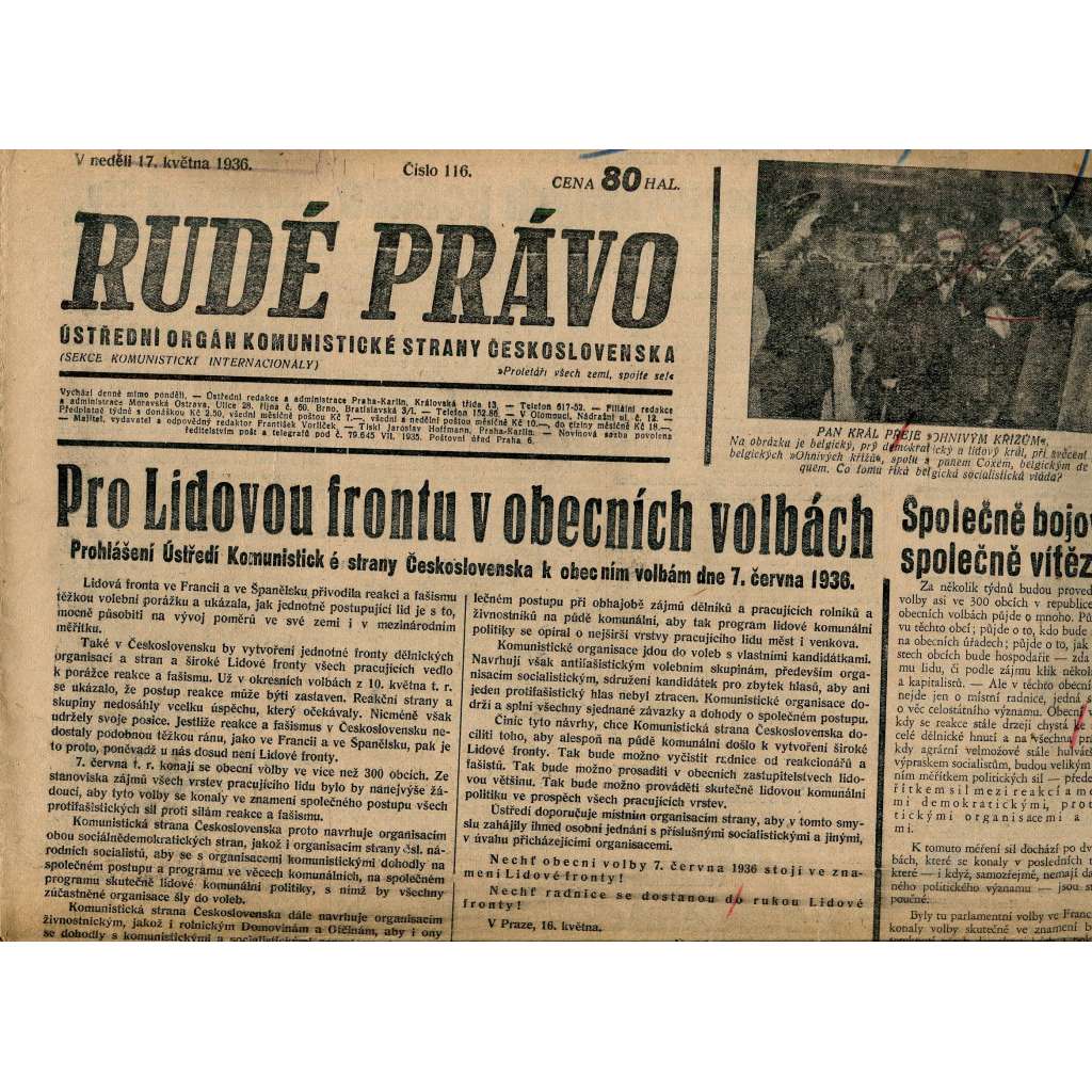 Rudé právo, číslo 116. Ústřední orgán Komunistické strany Československa (17.5.1936) - staré noviny, 1. republika