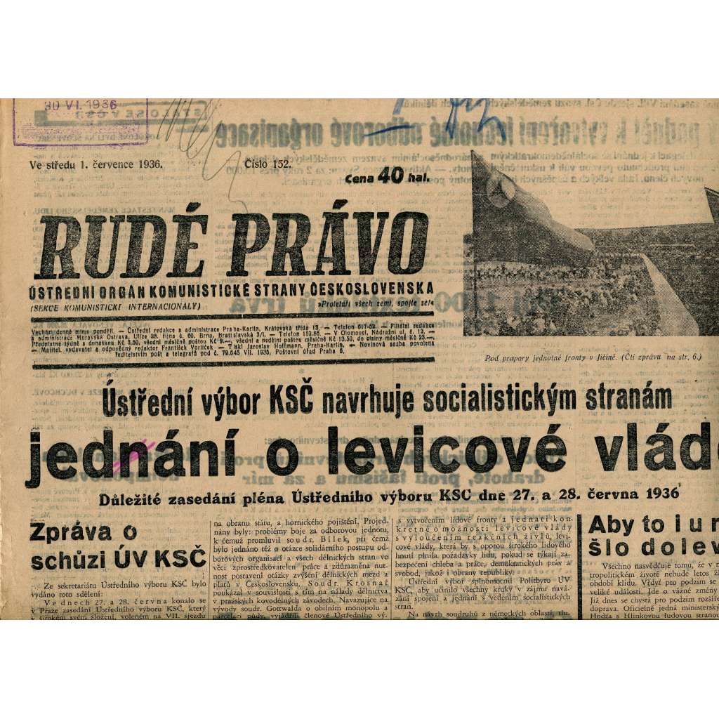 Rudé právo, číslo 152. Ústřední orgán Komunistické strany Československa (1.7.1936) - staré noviny, 1. republika