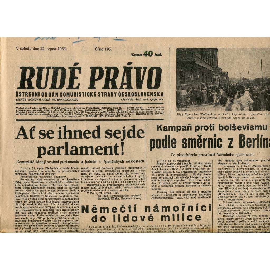 Rudé právo, číslo 195. Ústřední orgán Komunistické strany Československa (22.8.1936) - staré noviny, 1. republika