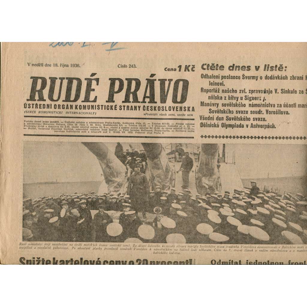 Rudé právo, číslo 243. Ústřední orgán Komunistické strany Československa (19.10.1936) - staré noviny, 1. republika