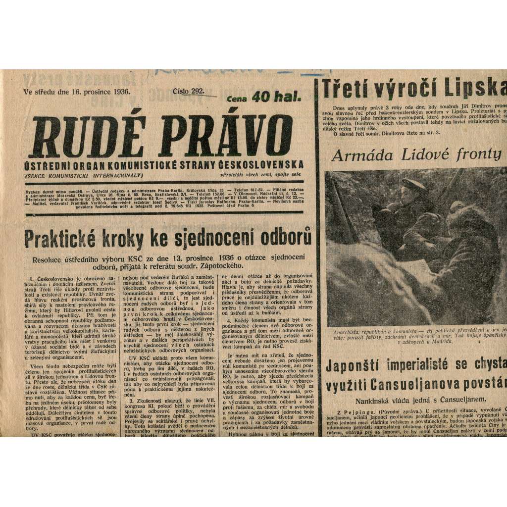 Rudé právo, číslo 292. Ústřední orgán Komunistické strany Československa (16.12.1936) - staré noviny, 1. republika