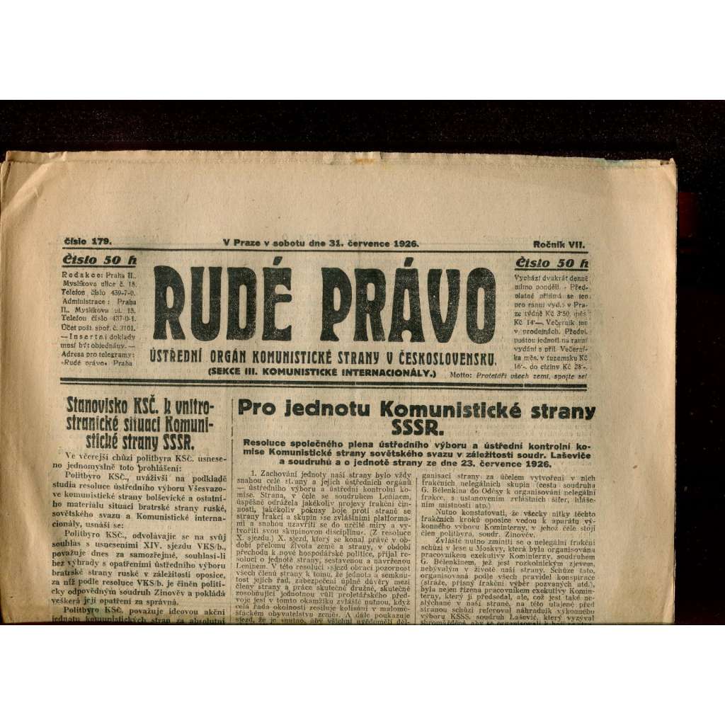 Rudé právo, ročník VII., číslo 179/1926. Ústřední orgán Komunistické strany v Československu (staré noviny, 1. republika)