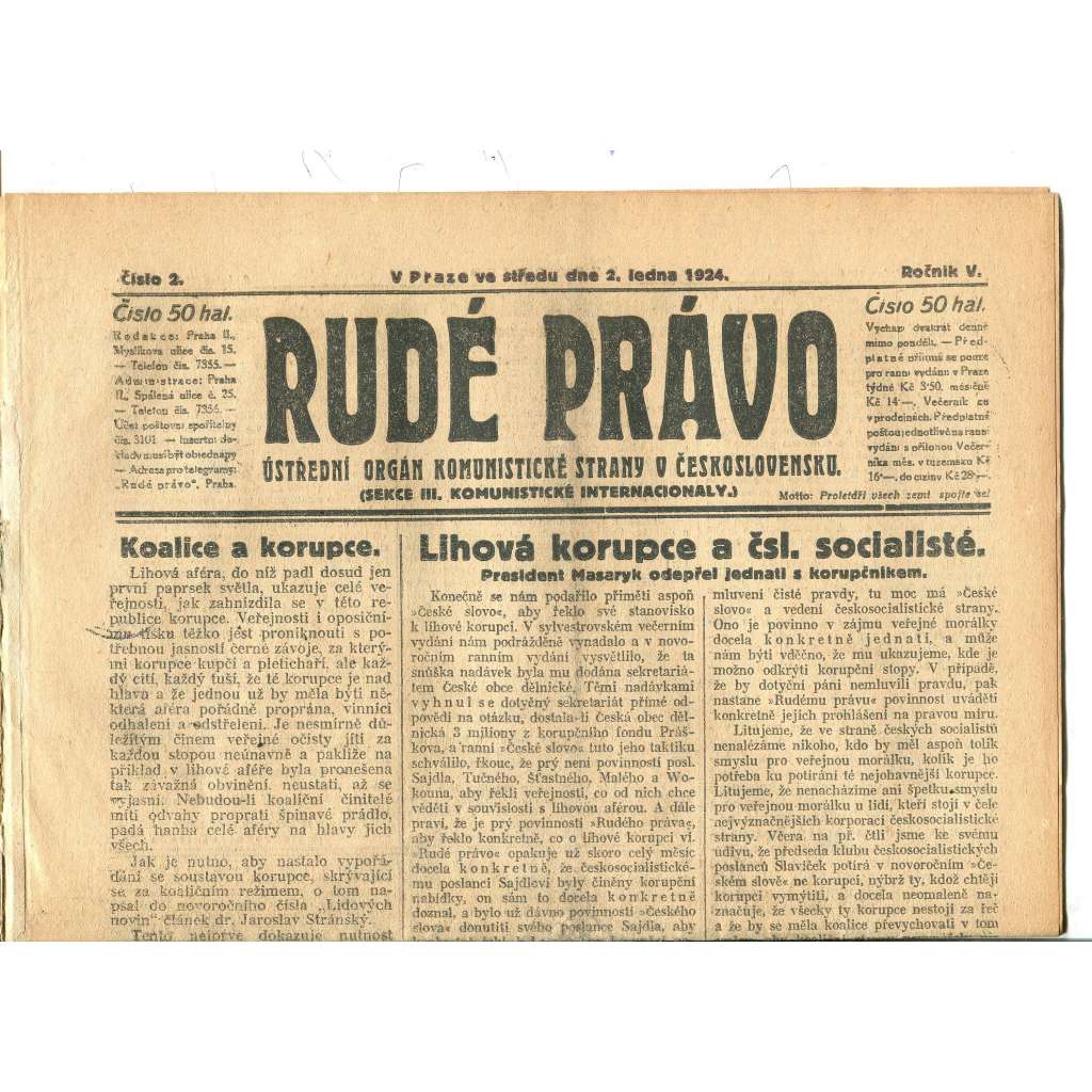 Rudé právo, ročník V., číslo 2/1924. Ústřední orgán Komunistické strany v Československu (staré noviny, 1. republika)