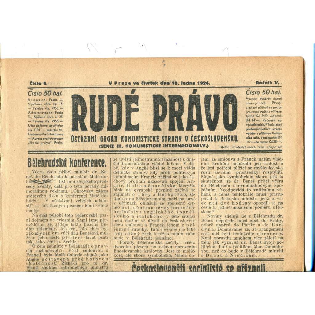 Rudé právo, ročník V., číslo 9/1924. Ústřední orgán Komunistické strany v Československu (staré noviny, 1. republika)