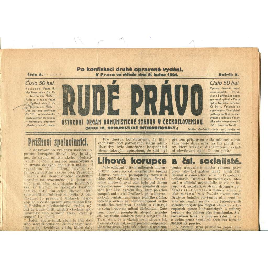 Rudé právo, ročník V., číslo 8/1924. Ústřední orgán Komunistické strany v Československu (staré noviny, 1. republika)