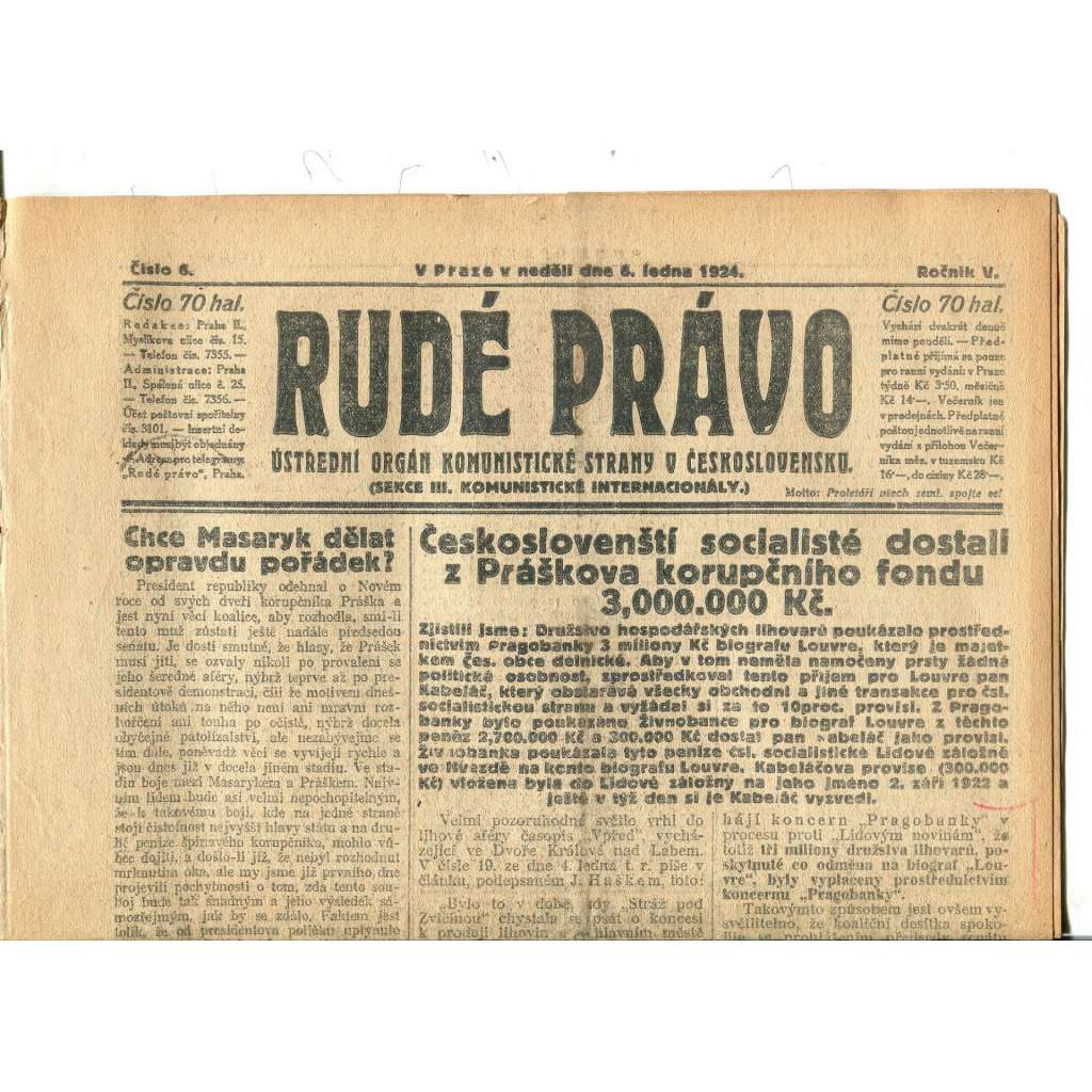 Rudé právo, ročník V., číslo 6/1924. Ústřední orgán Komunistické strany v Československu (staré noviny, 1. republika)