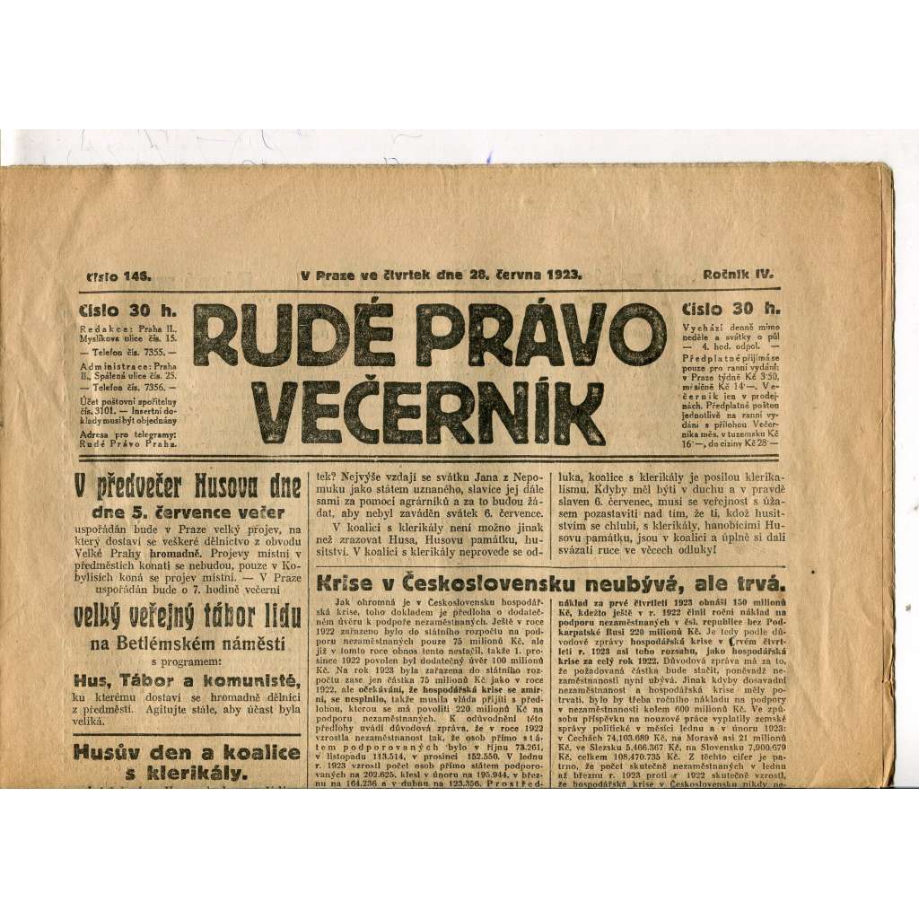 Rudé právo Večerník, ročník IV., číslo 146/1923 (staré noviny) - [komunisté, komunismus]