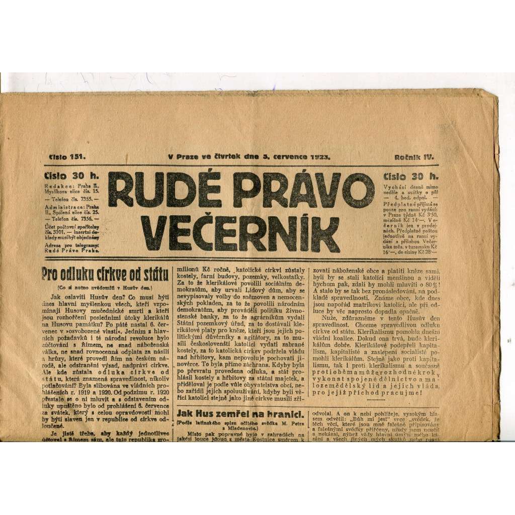 Rudé právo Večerník, ročník IV., číslo 151/1923 (staré noviny) - [komunisté, komunismus]