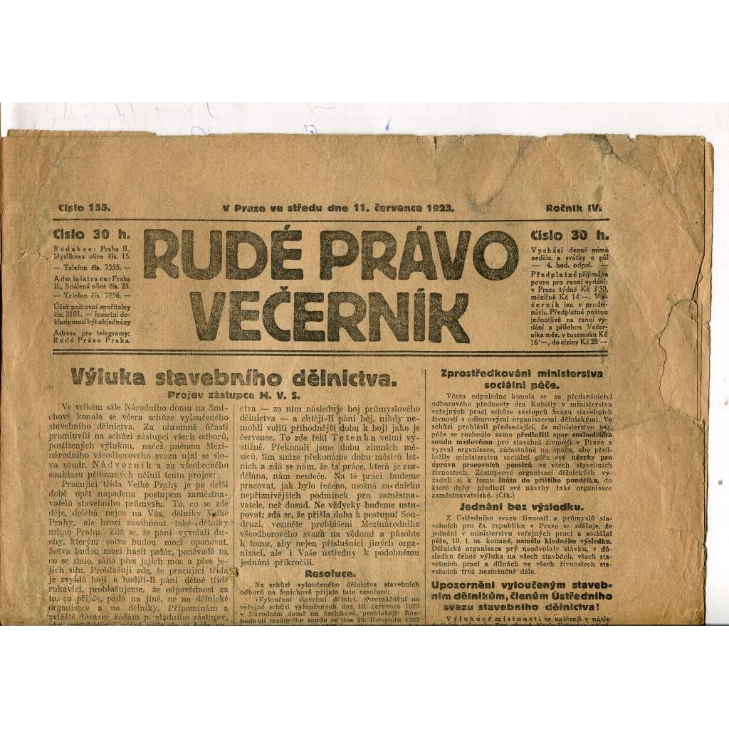 Rudé právo Večerník, ročník IV., číslo 155/1923 (staré noviny) - [komunisté, komunismus]