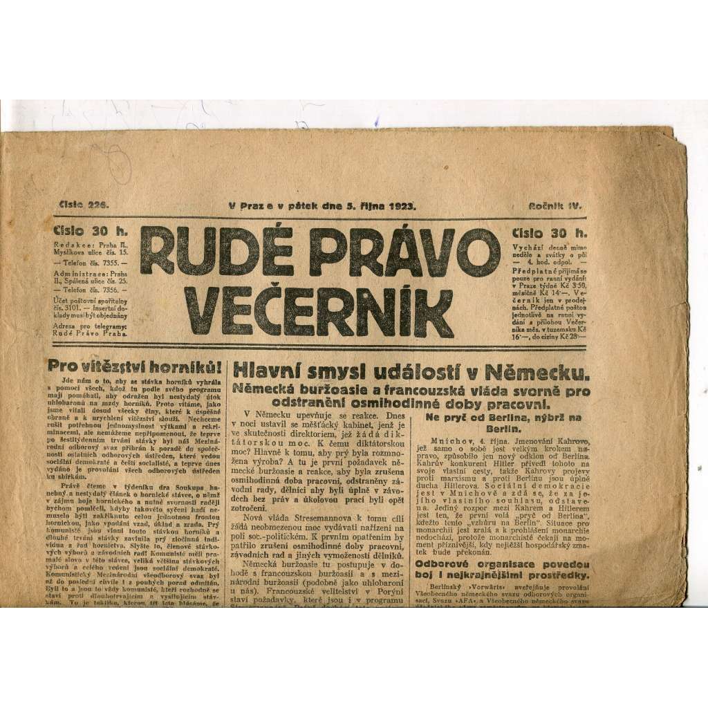 Rudé právo Večerník, ročník IV., číslo 226/1923 (staré noviny) - [komunisté, komunismus]