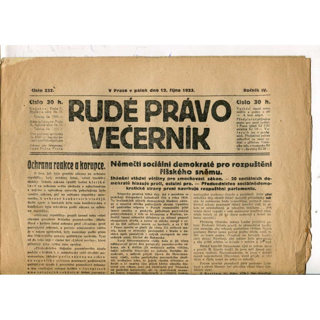 Rudé právo Večerník, ročník IV., číslo 232/1923 (staré noviny) - [komunisté, komunismus]