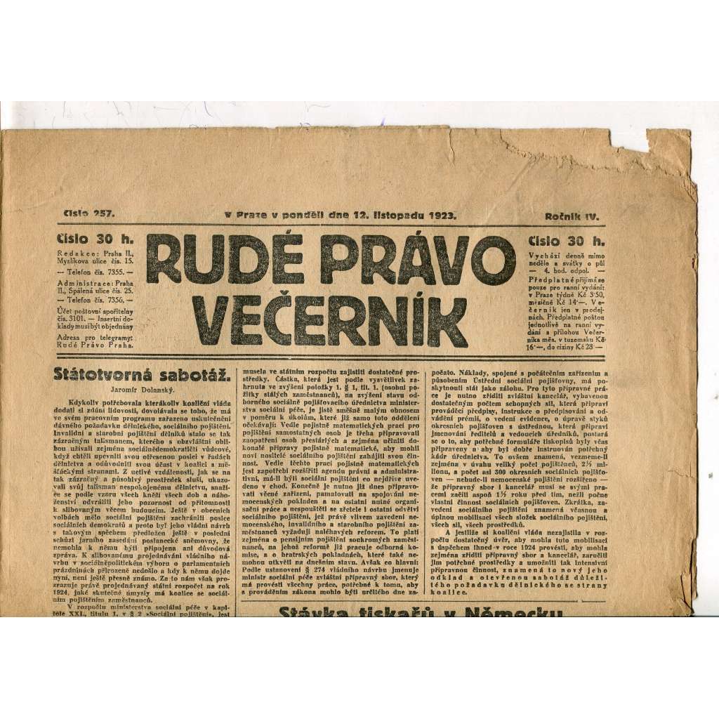 Rudé právo Večerník, ročník IV., číslo 257/1923 (staré noviny) - [komunisté, komunismus]