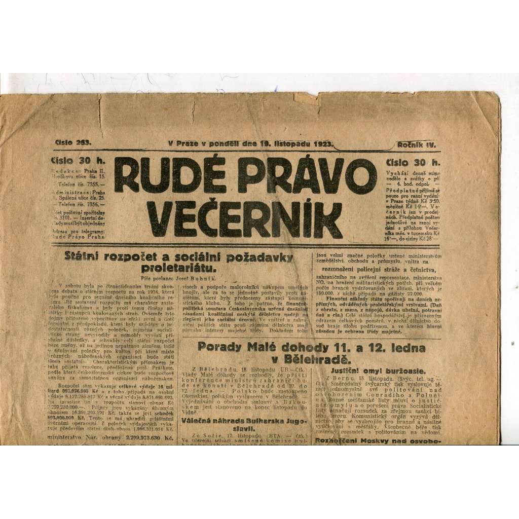 Rudé právo Večerník, ročník IV., číslo 263/1923 (staré noviny) - [komunisté, komunismus]