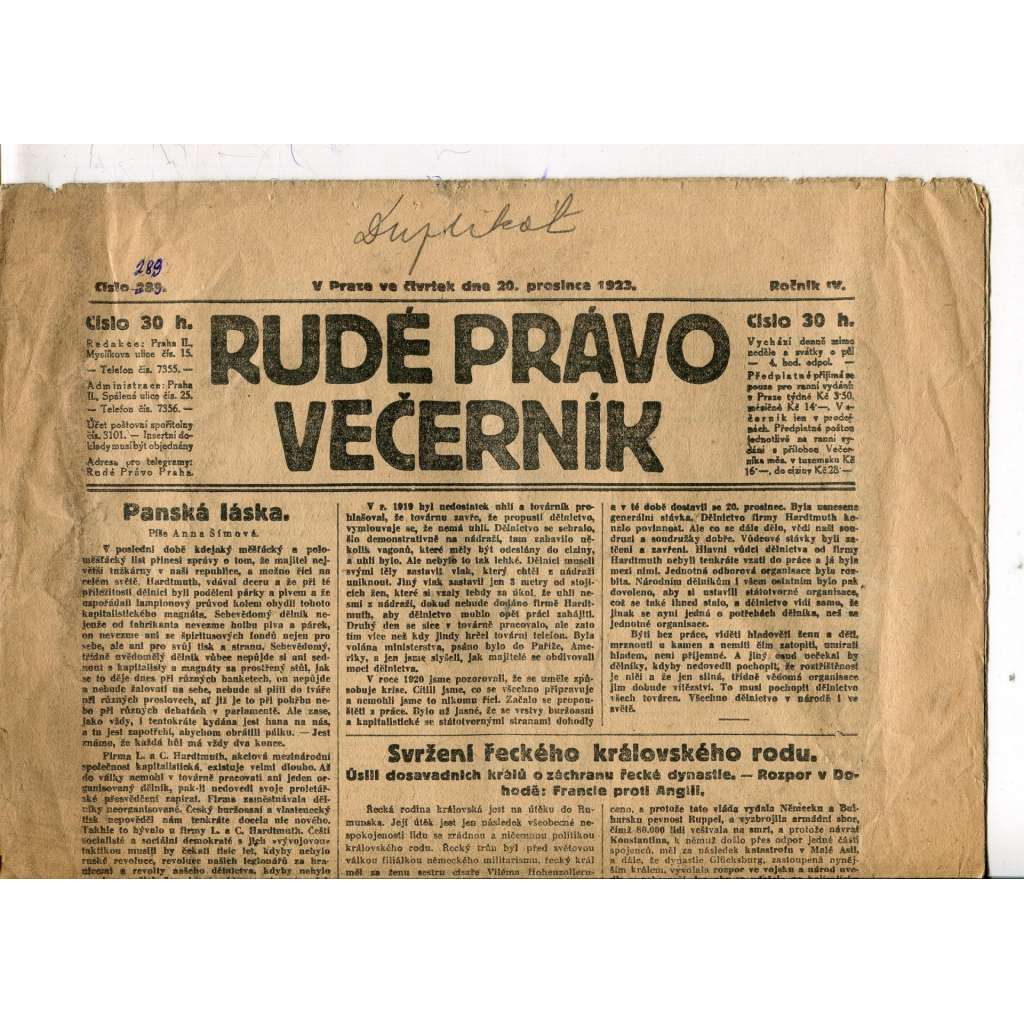 Rudé právo Večerník, ročník IV., číslo 289/1923 (staré noviny) - [komunisté, komunismus]