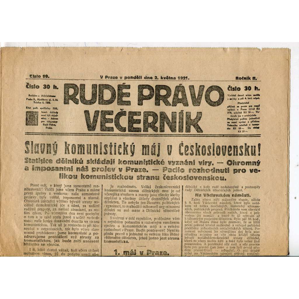 Rudé právo Večerník, ročník II., číslo 99/1921 (staré noviny) - [komunisté, komunismus]