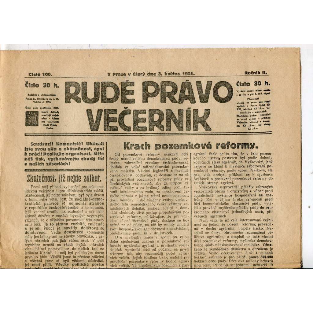 Rudé právo Večerník, ročník II., číslo 100/1921 (staré noviny) - [komunisté, komunismus]