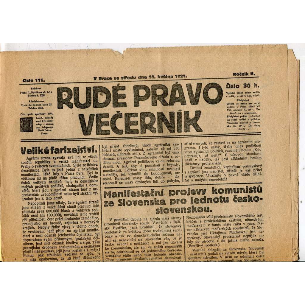 Rudé právo Večerník, ročník II., číslo 111/1921 (staré noviny) - [komunisté, komunismus]