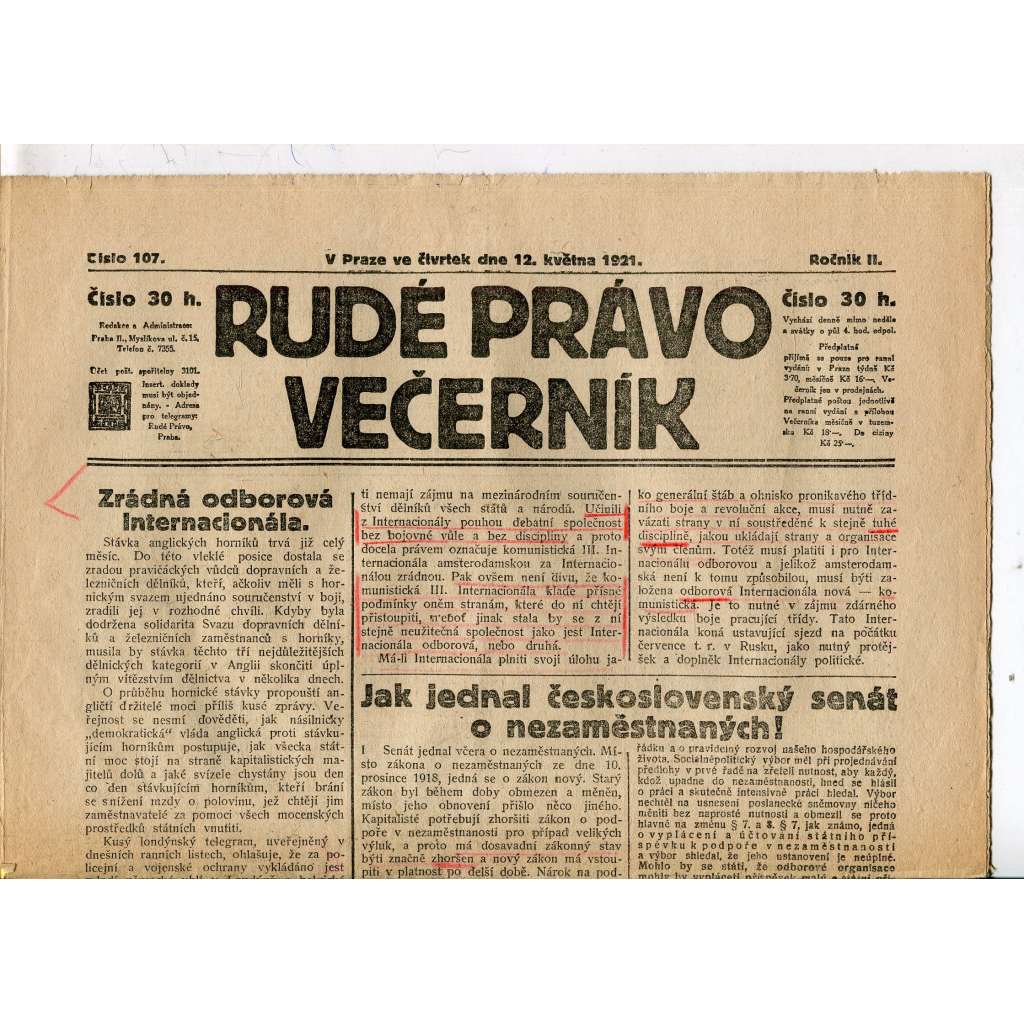 Rudé právo Večerník, ročník II., číslo 107/1921 (staré noviny) - [komunisté, komunismus]